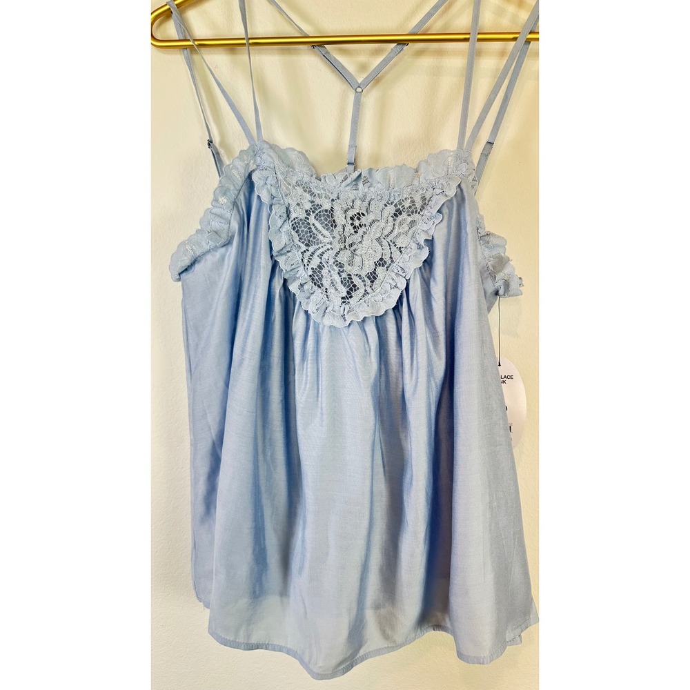 NWT Scoop Flowy Lace Tank Oversized S Blue Lace Trim Romantic Breezy Drape - Picture 2 of 12